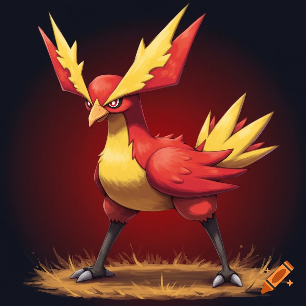 A vibrant red and yellow bird-like Pok emon with spiky crests and tail, and red eyes, standing on brown ground against a dark red background.