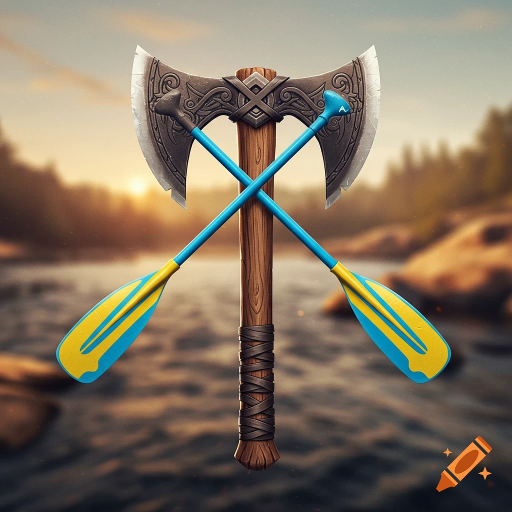 A double-bladed battle axe with whitewater rafting paddles crossed behind it, set against a blurred river and sunset background.