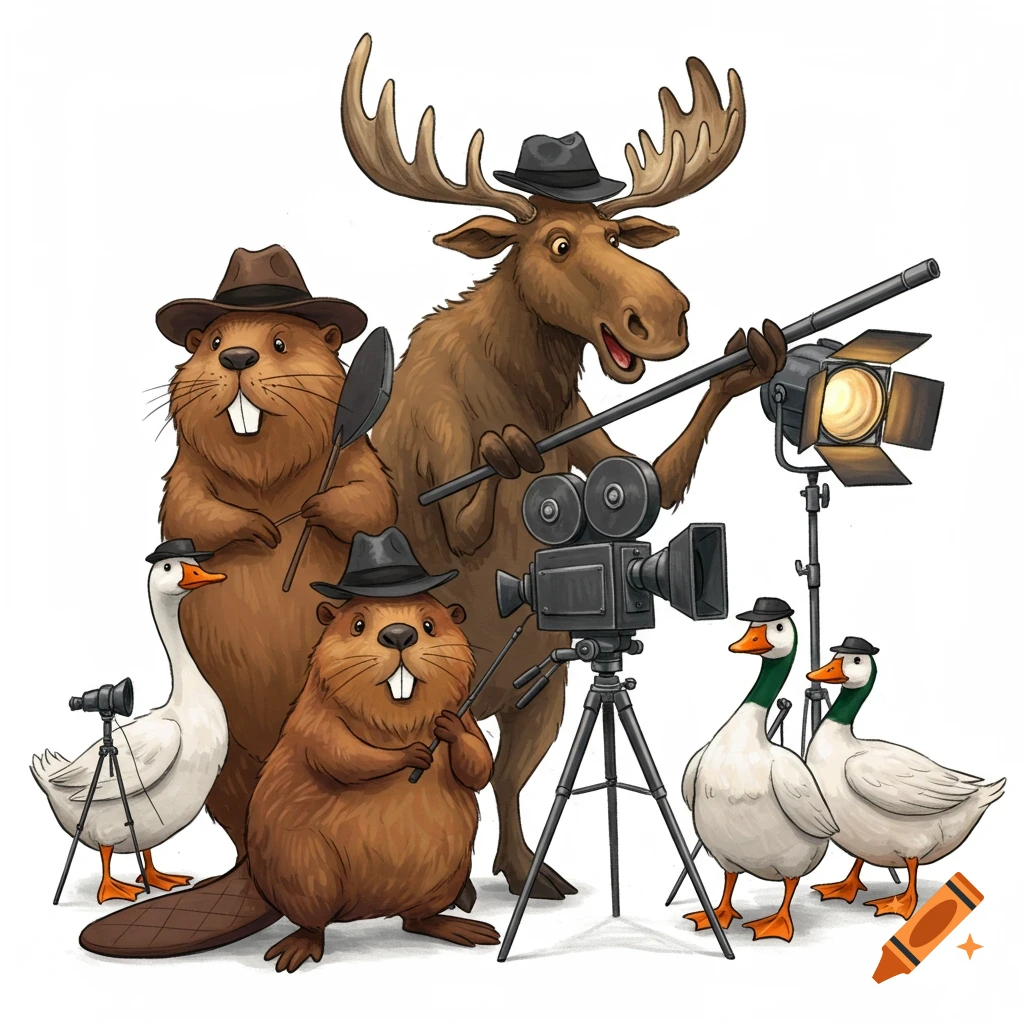 Cartoon beavers, moose, and geese in fedoras hold film equipment, including a camera and a spotlight.