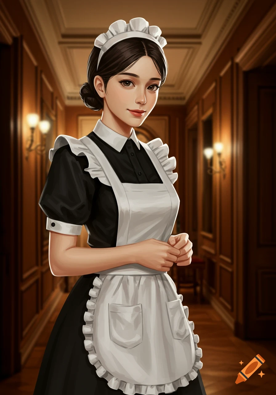 An illustrated portrait of a young woman dressed in a black and white maid uniform, standing in a richly decorated wooden hallway.