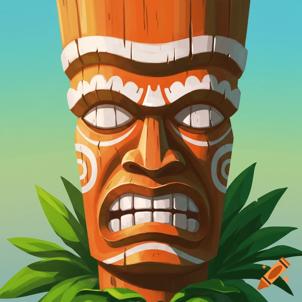 A detailed illustration of an orange and white tiki mask with an angry expression and green leaves at its base.