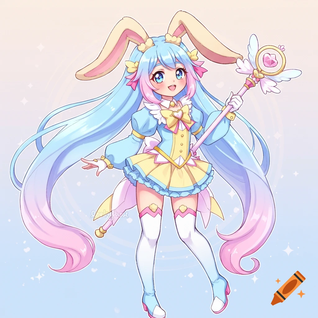 Anime magical girl with bunny ears, long pastel blue and pink hair, wearing a blue and yellow dress, holding a heart-tipped staff.