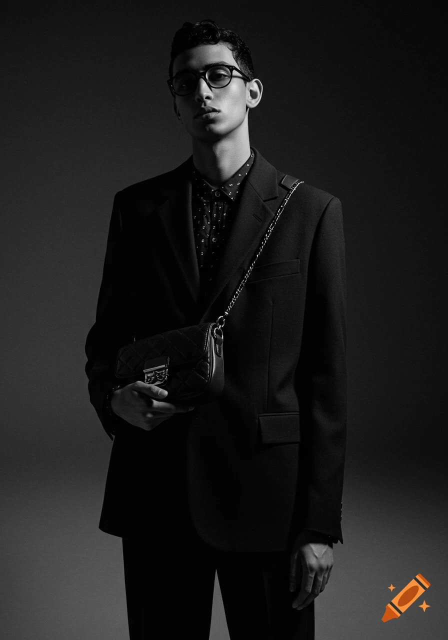 A black and white editorial style portrait of a man in a dark suit holding a quilted shoulder bag.