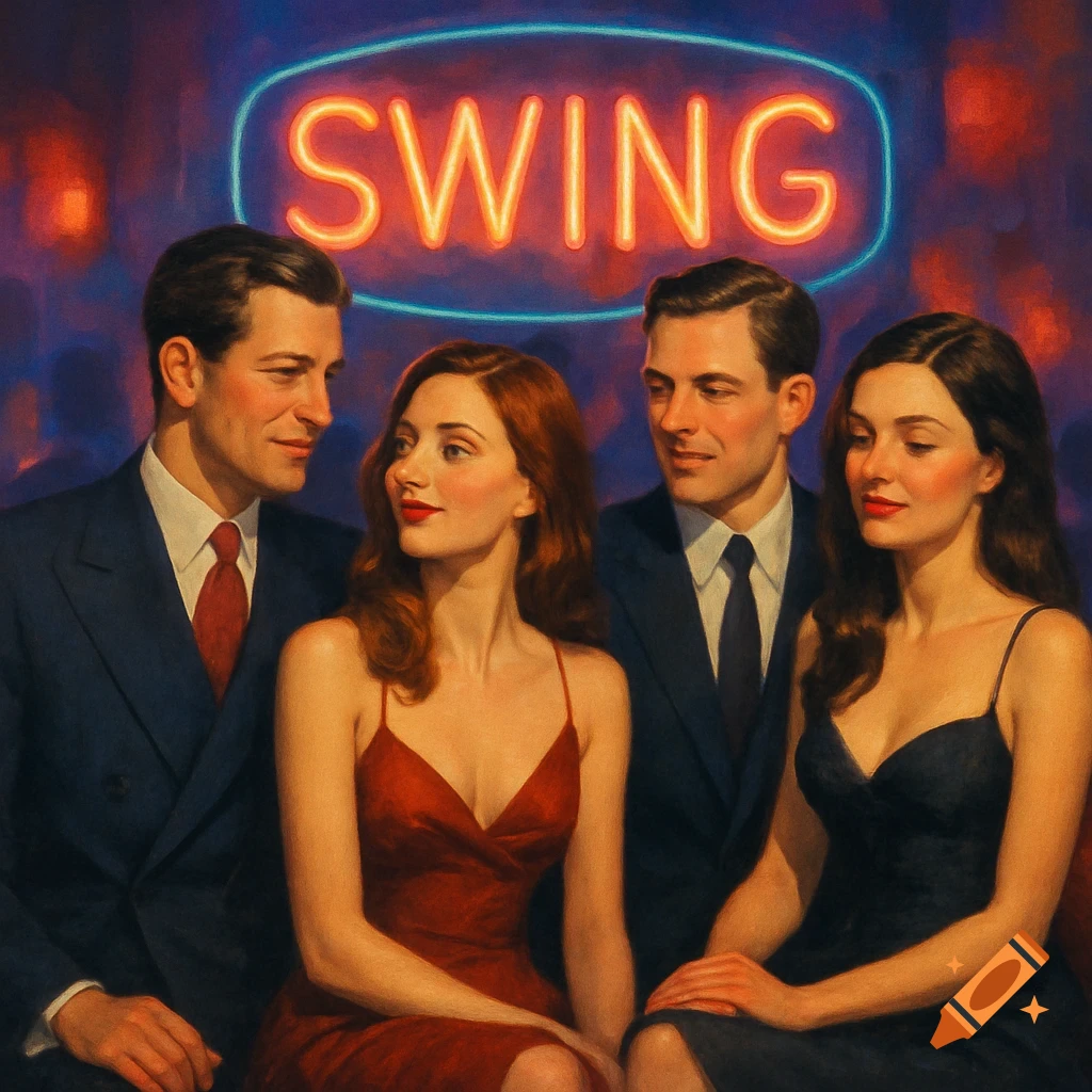 Two men and two women dressed in formal attire in a dimly lit nightclub, with a bright neon 'SWING' sign above them, in a painterly style.