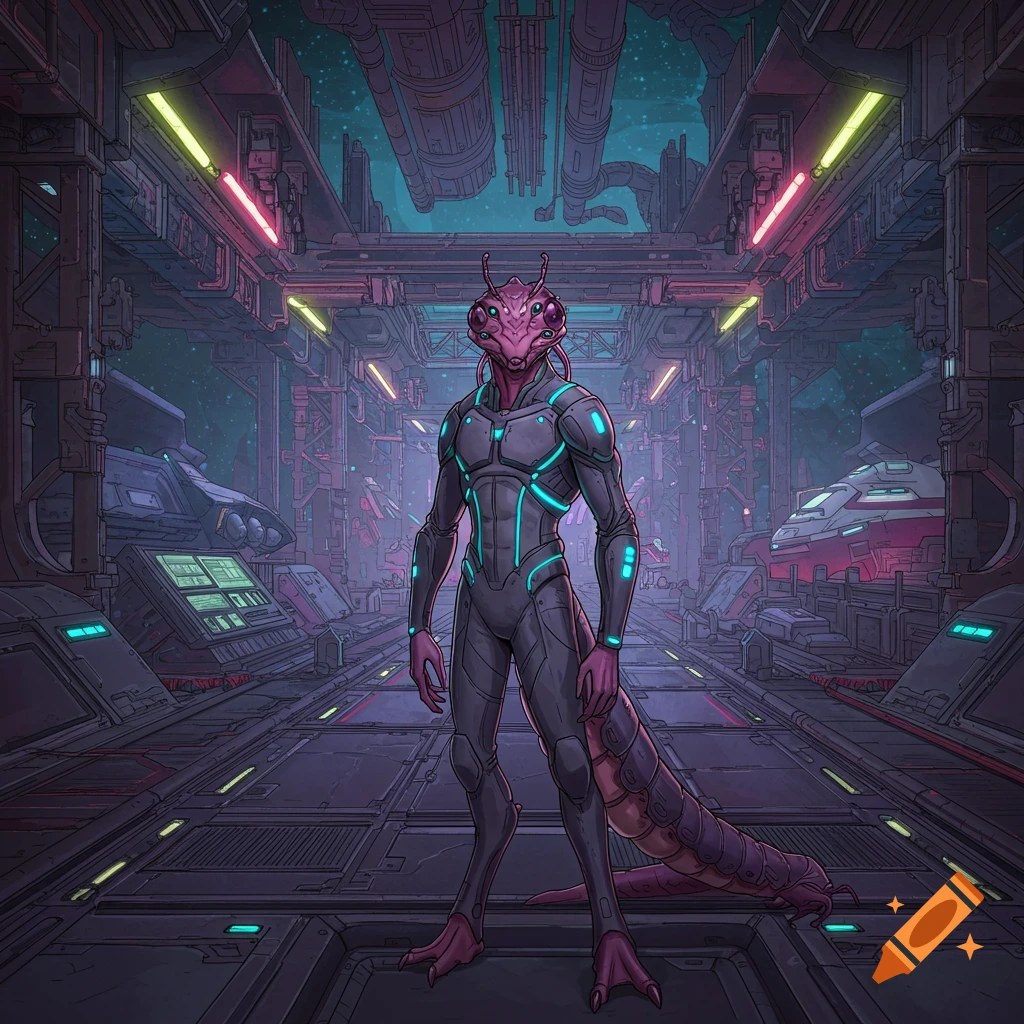 A purple insectoid alien in a dark gray futuristic suit with teal glowing lines stands in a detailed space dock.