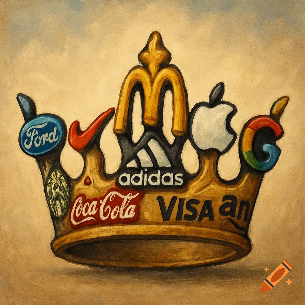 A golden crown adorned with various brand logos, including Ford, Nike, McDonald's, Adidas, Apple, Google, Coca-Cola, VISA, and a partial Amazon logo, rendered in a painterly style.