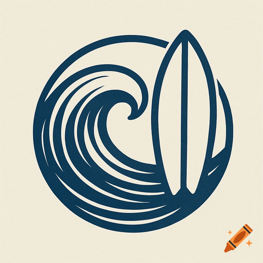 A circular blue logo of a wave and a surfboard.