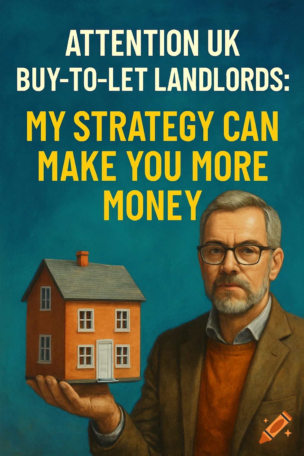 A man in glasses holding a miniature house, with text reading 'ATTENTION UK BUY-TO-LET LANDLORDS: MY STRATEGY CAN MAKE YOU MORE MONEY'.