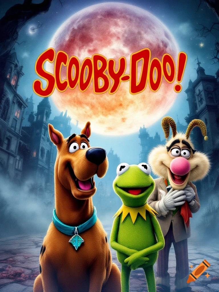 A Scooby-Doo movie poster featuring Scooby-Doo, Kermit the Frog, and a Muppet-like character with horns standing against a spooky mansion background under a large red moon.