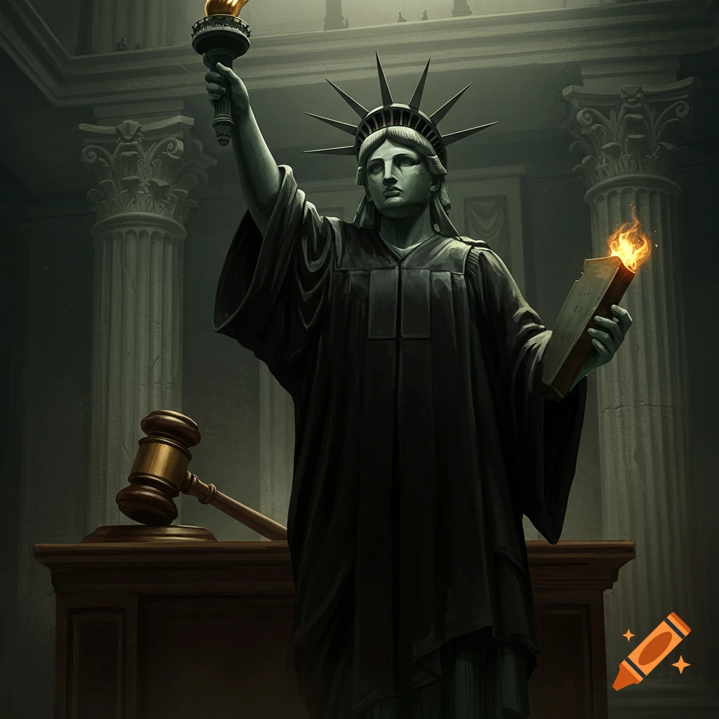 A dark, dramatic artwork of the Statue of Liberty wearing a judge's robe, holding a torch and a flaming book, with a gavel on a table.