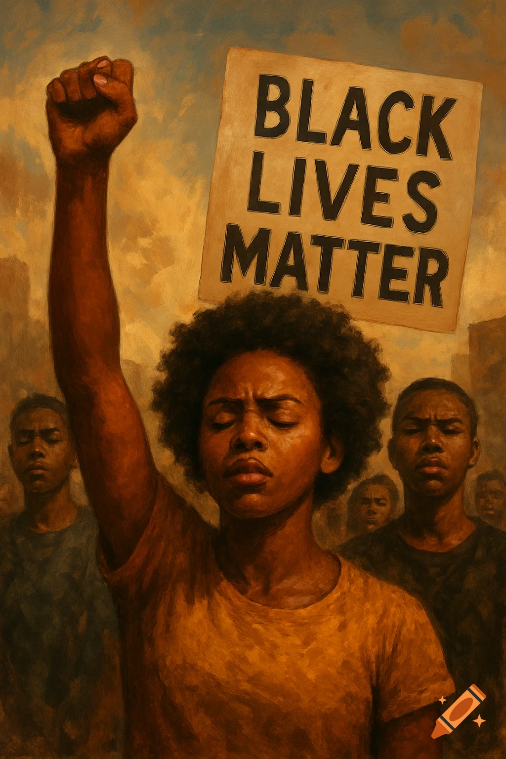 Painting of a Black person with a raised fist at a protest, holding a sign that reads 'BLACK LIVES MATTER'.