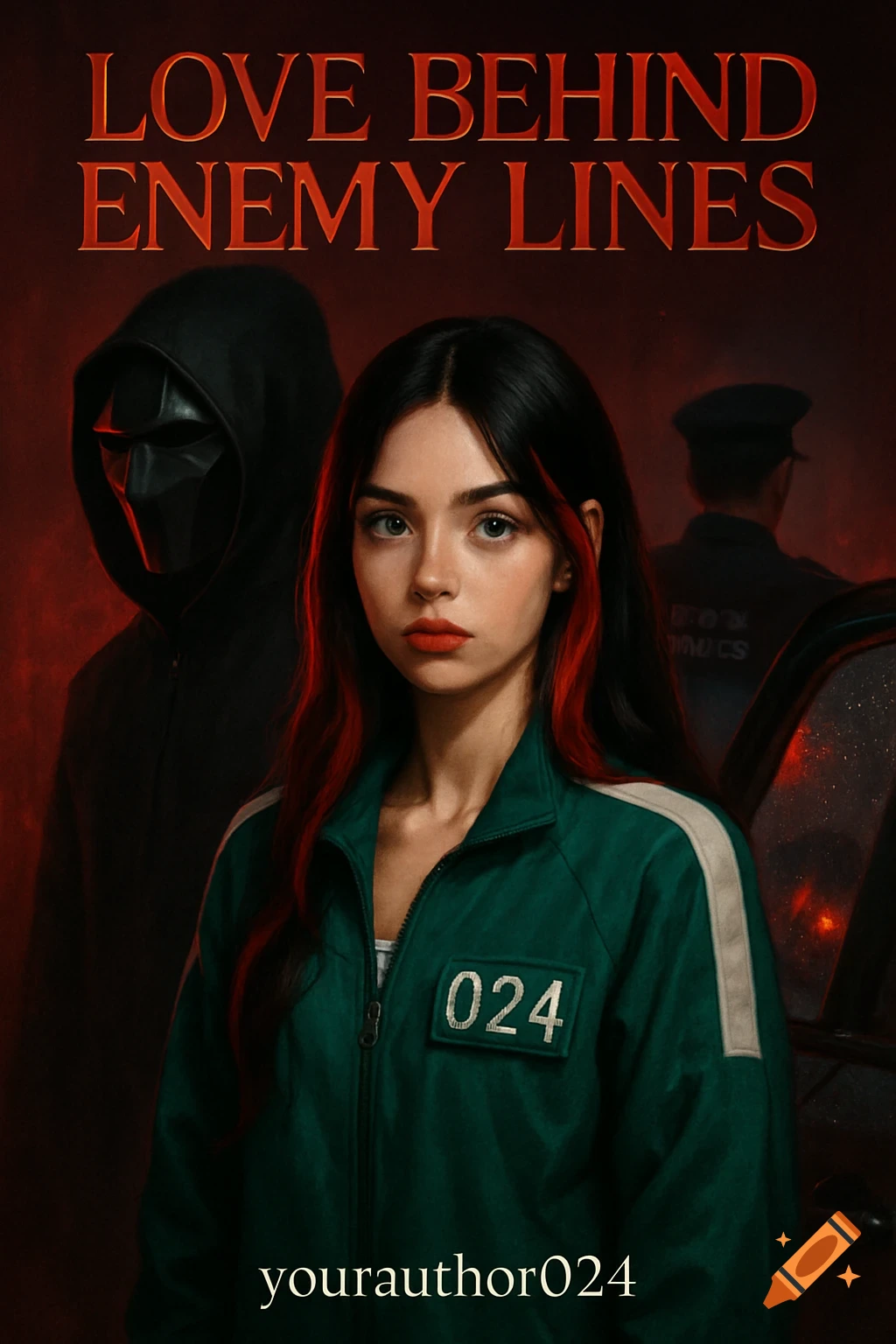 A book cover for 'LOVE BEHIND ENEMY LINES' showing a wary young woman in a green tracksuit with '024' on it, a masked figure in a hoodie, and a blurry police officer in the background.