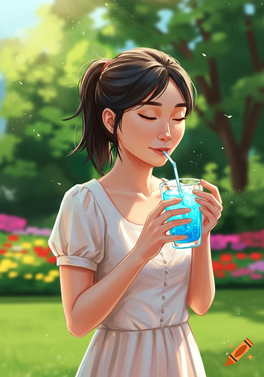 Illustrative portrait of a woman with dark hair drinking a blue beverage through a straw in a sunny garden.