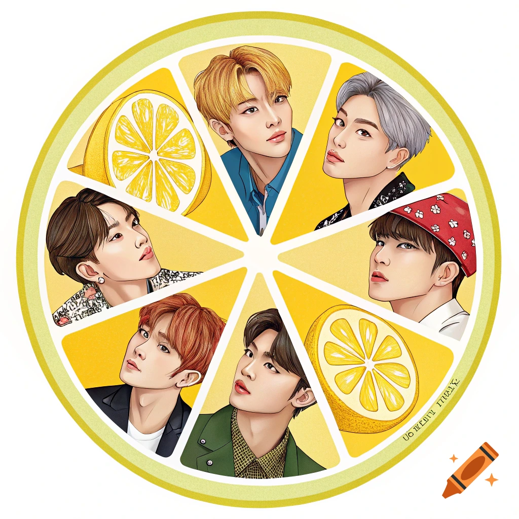 Illustration of six anime-style male figures, each in a section of a round lemon slice, with two additional lemon slices in other sections.