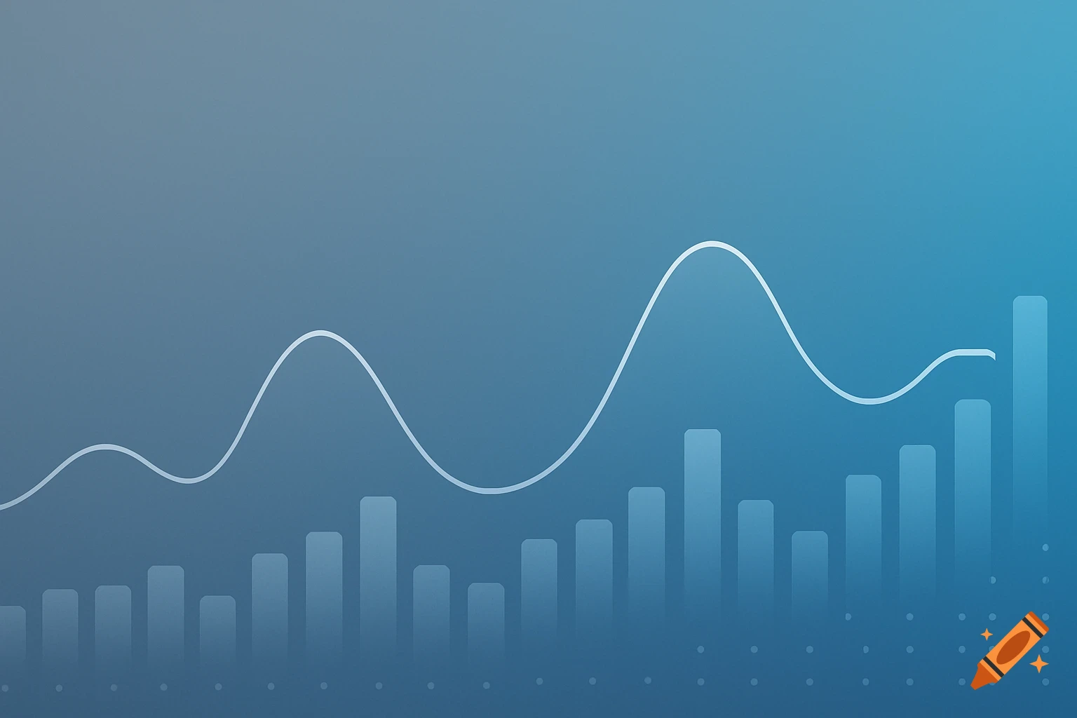 Abstract blue and grey gradient background with data visualizations: wavy line graph, translucent bar charts, and scatter plot dots.