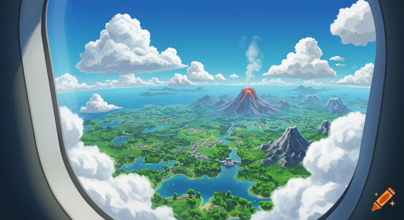 Cartoon landscape view from an airplane window, showing a volcanic island, green terrain, blue water, and white clouds.