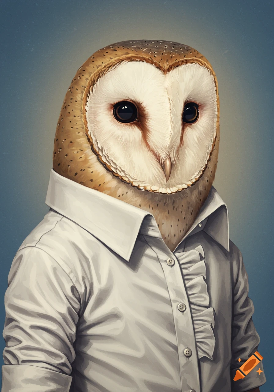 A detailed digital painting of a barn owl wearing a white ruffled shirt.