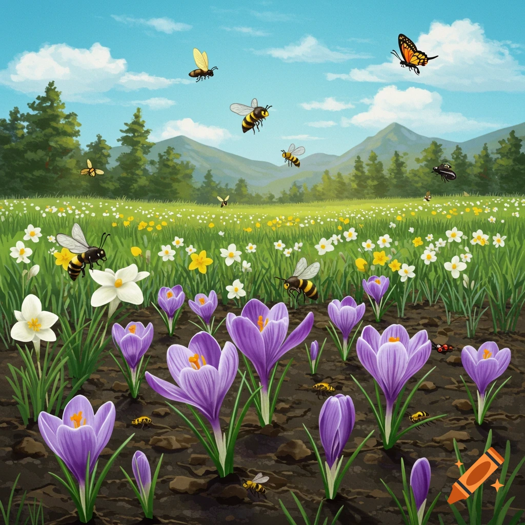A vibrant spring field filled with purple crocuses, white and yellow flowers, green grass, trees, mountains, and various insects like bees and butterflies under a blue sky.