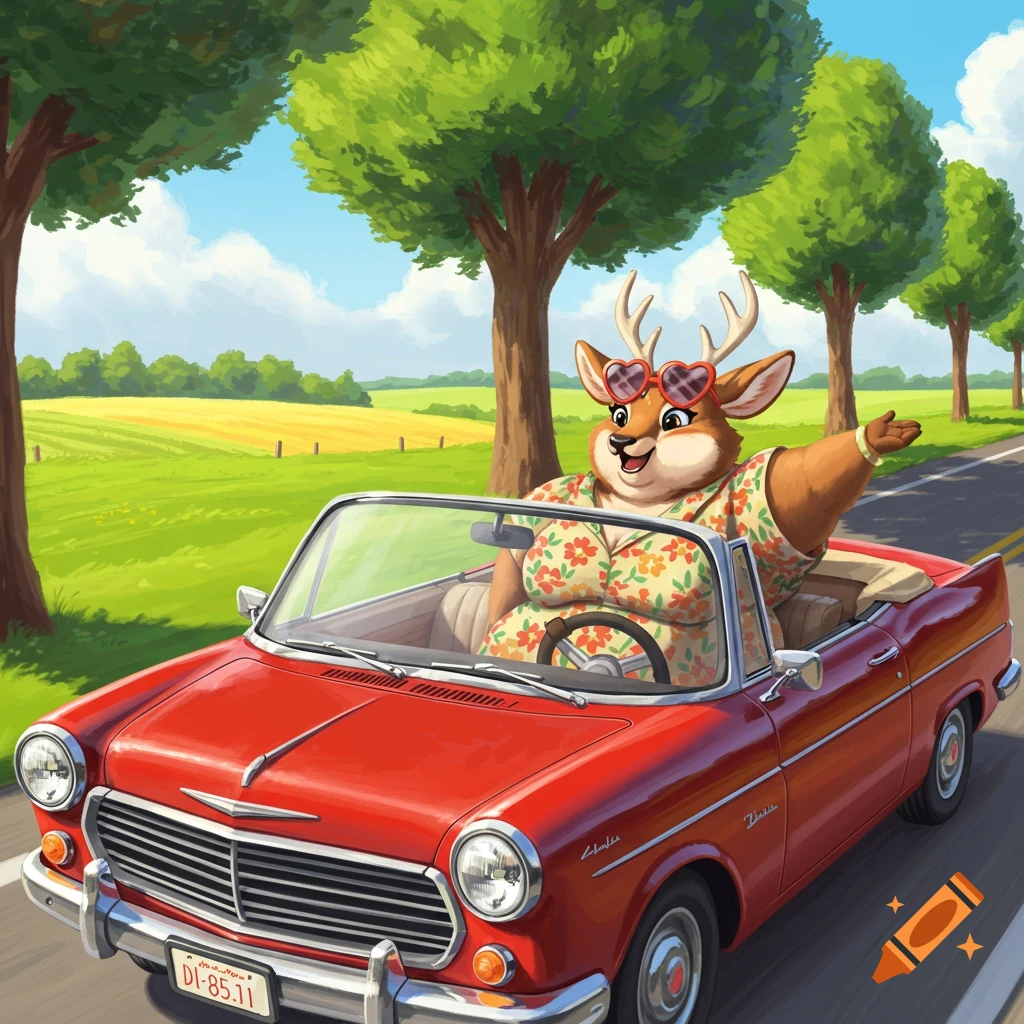 A cartoon anthropomorphic deer wearing heart-shaped sunglasses drives a red convertible on a sunny road, waving.