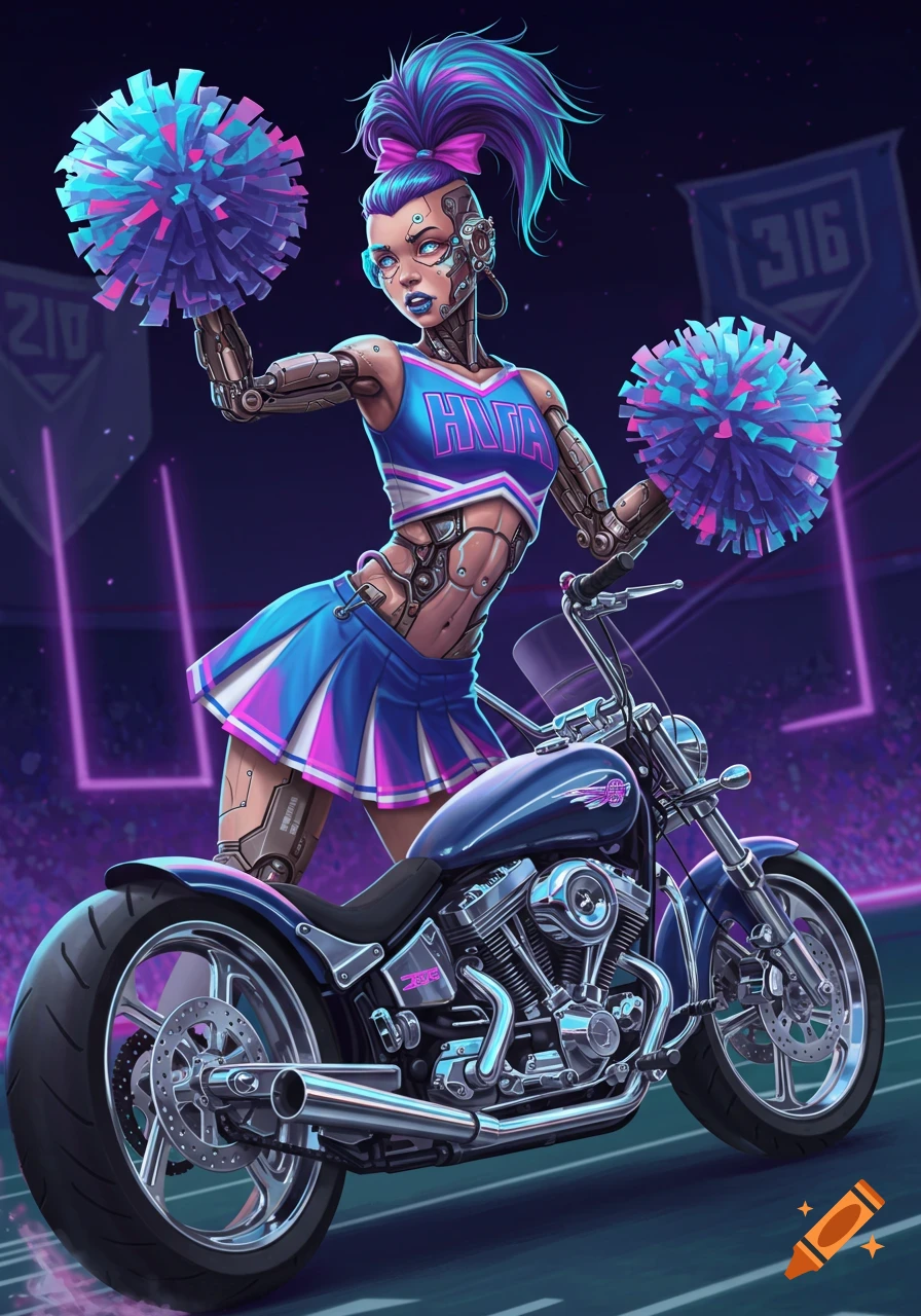 A vibrant illustration of a cybernetic cheerleader with a motorcycle lower body, holding pom-poms in a stadium.