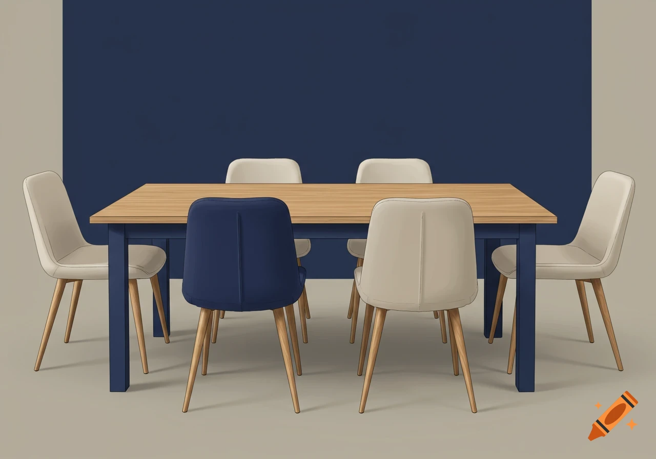 A rectangular dining table with navy blue legs and a light brown top, surrounded by six alternating navy blue and beige chairs with wooden legs, against a two-tone wall.