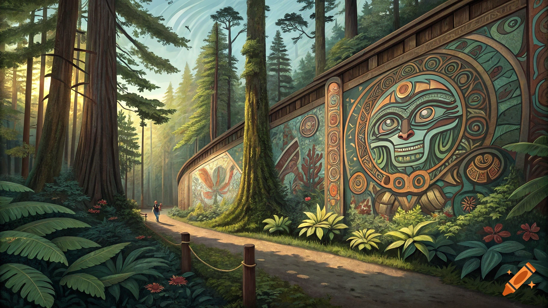 A vibrant digital painting of a winding path through a dense forest with tall trees and lush foliage. A long, curved wall featuring colorful, intricate indigenous-style murals with a large face design runs alongside the path. Sunlight filters through the trees, illuminating the scene and a small figure walking in the distance.