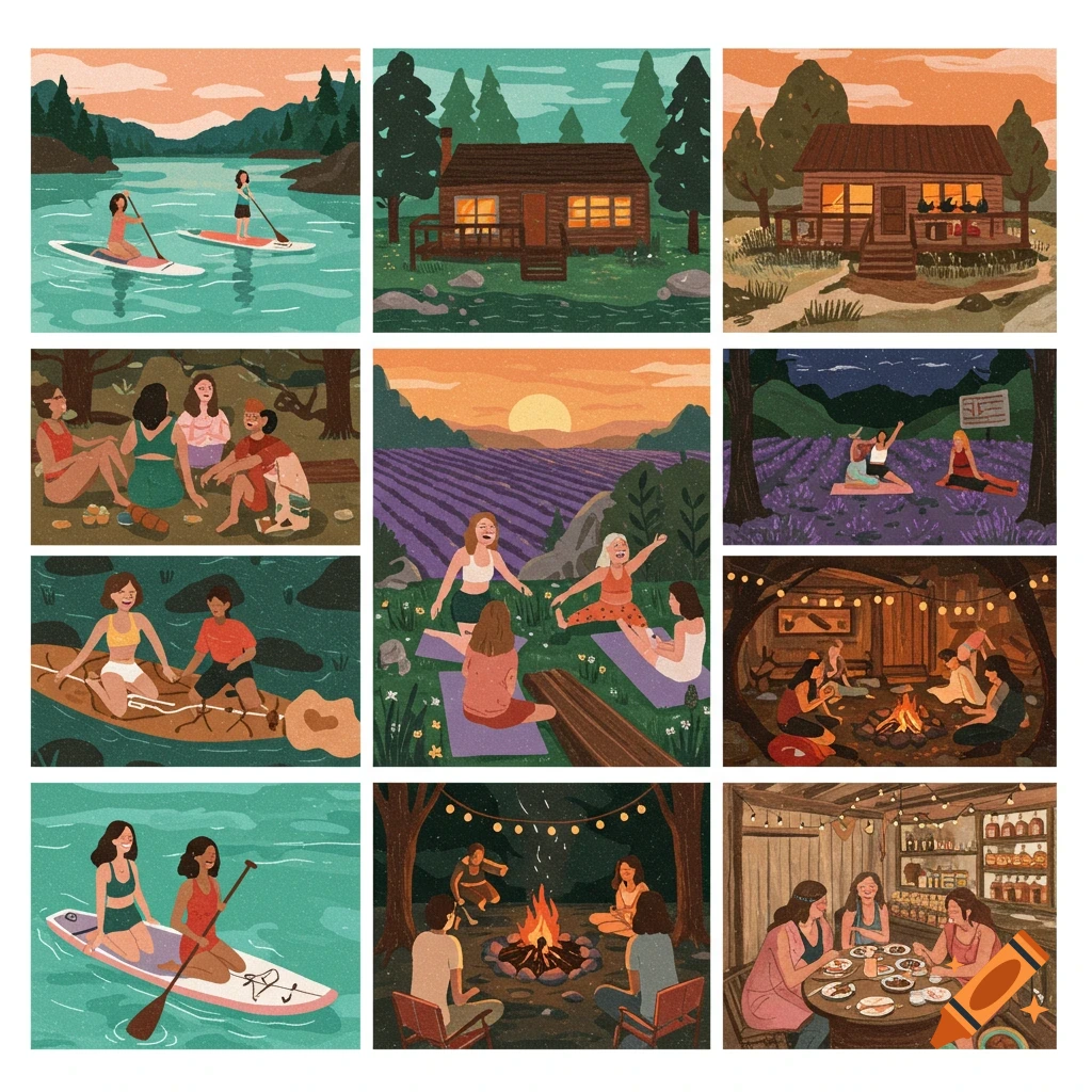 Illustration of a women's wellness retreat showing scenes like paddleboarding, cabins, yoga, campfires, and dining in nature.