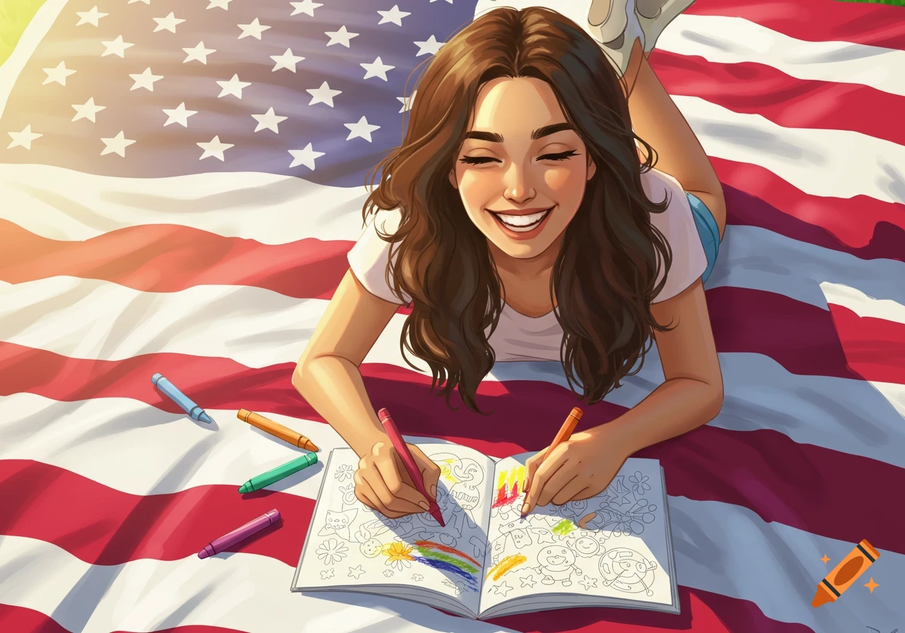 A happy brunette woman in cartoon style lies on an American flag, coloring a rainbow in a book on a sunny day.
