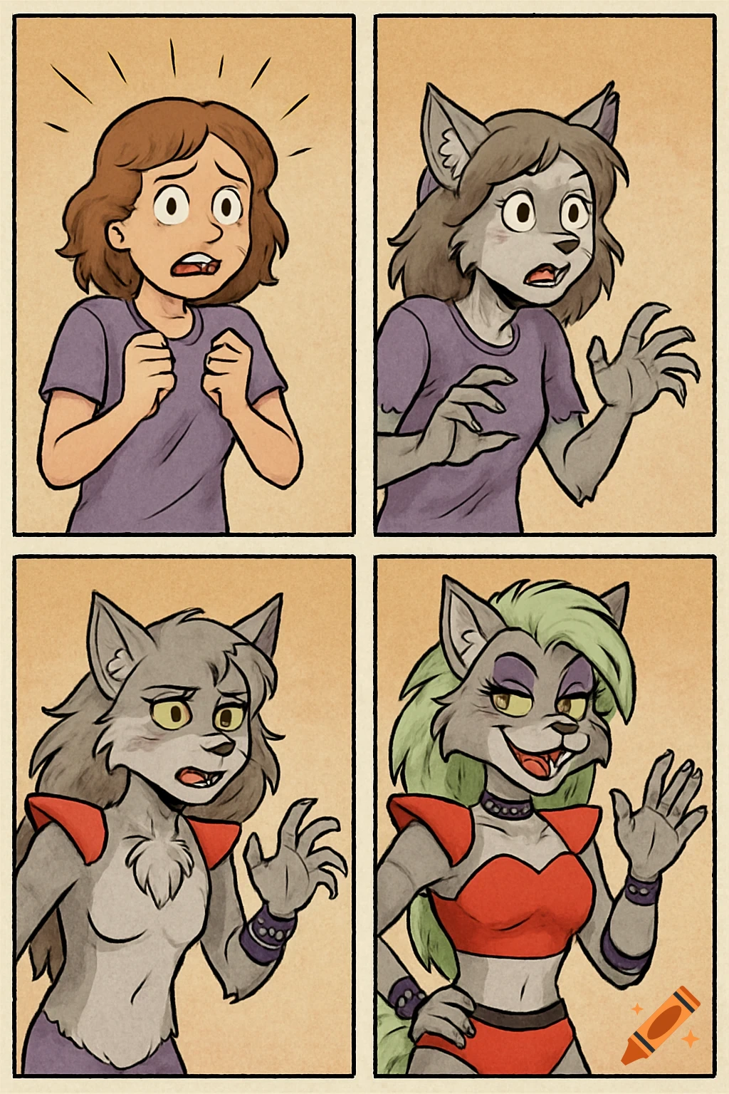 A four-panel comic strip depicting a girl's transformation into Roxanne Wolf, a grey anthropomorphic wolf with green hair.