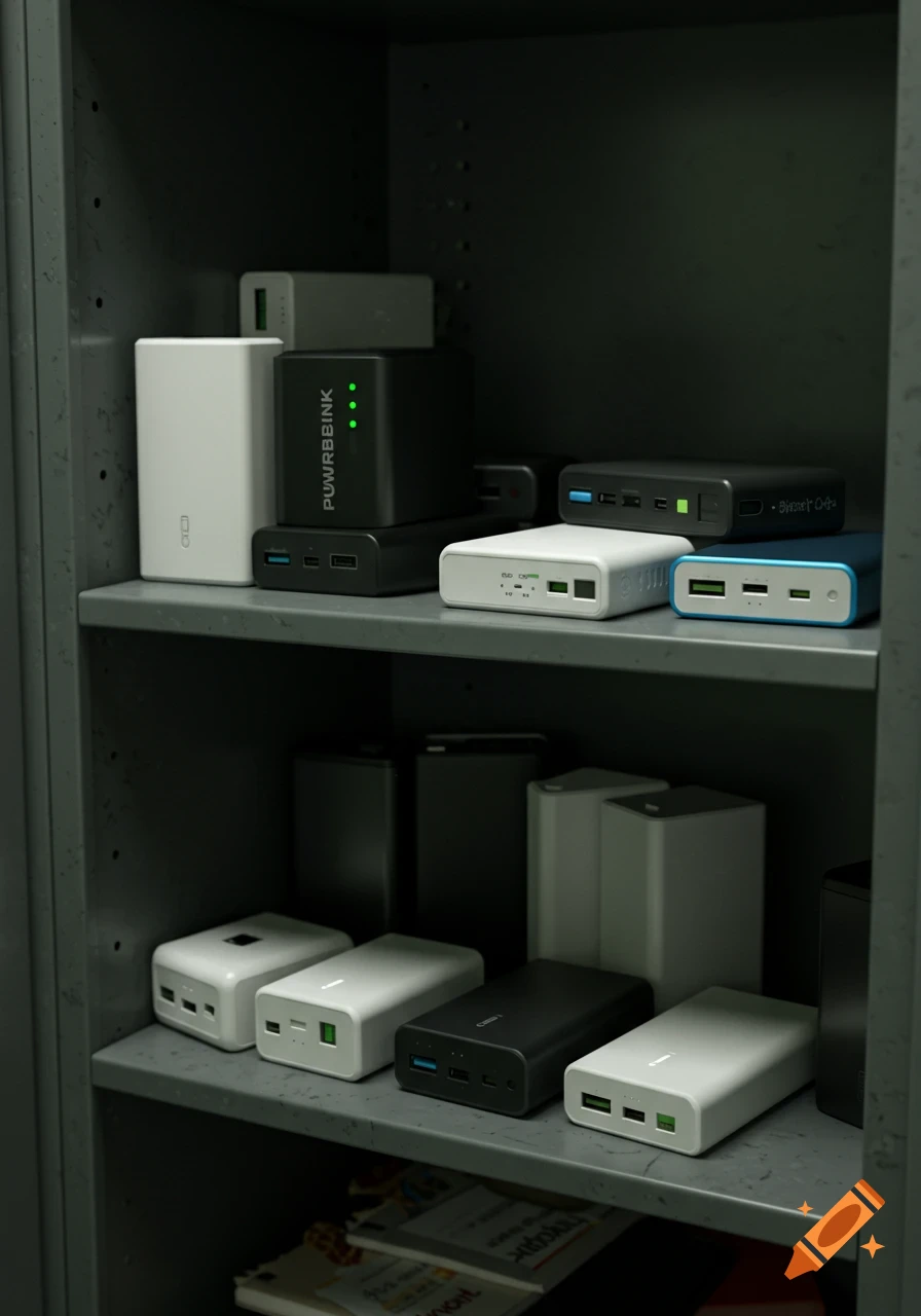 A realistic photo of multiple power banks in various colors on a shelf inside a locker.