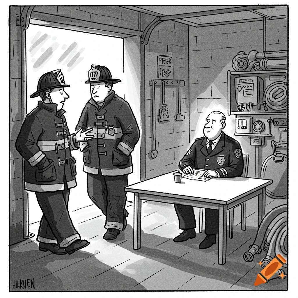 A black and white cartoon depicts two firefighters talking in a fire station doorway while a lieutenant sits alone at a table.