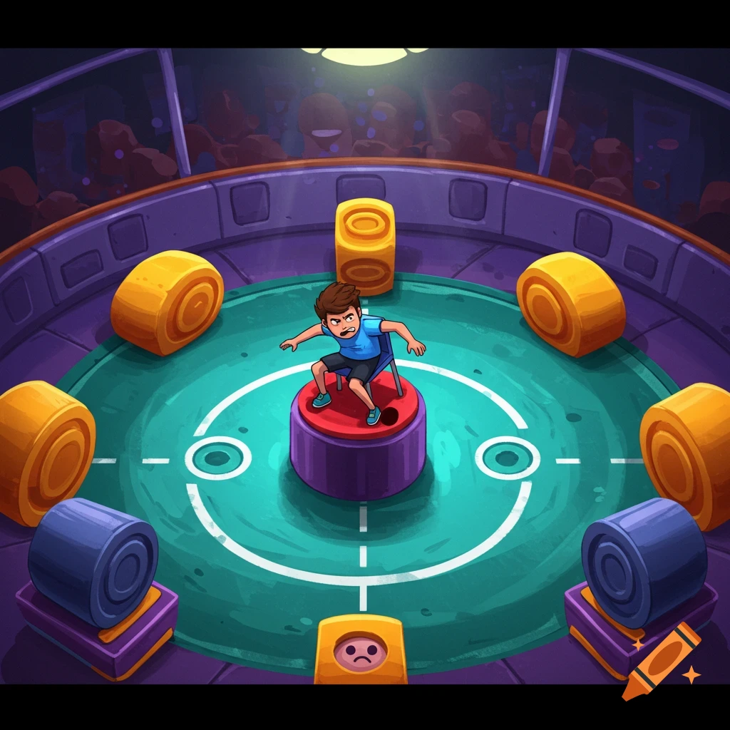 A cartoon boy balances on a small red platform in a vibrant, circular game arena filled with yellow and blue rolling cylinders.