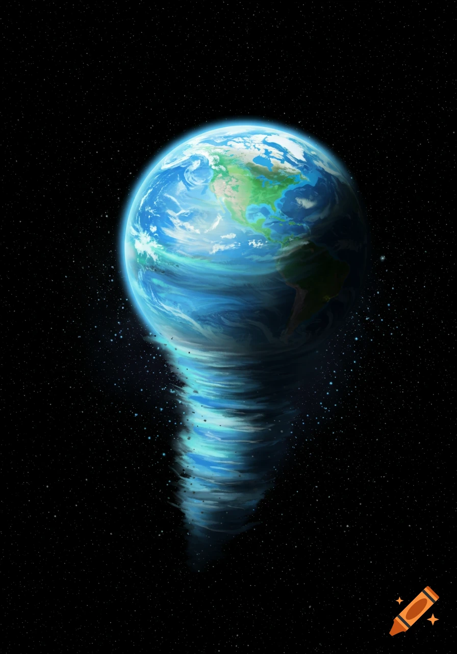 Vibrant Earth transforming into a swirling blue vortex, set against a dark, star-filled space background.