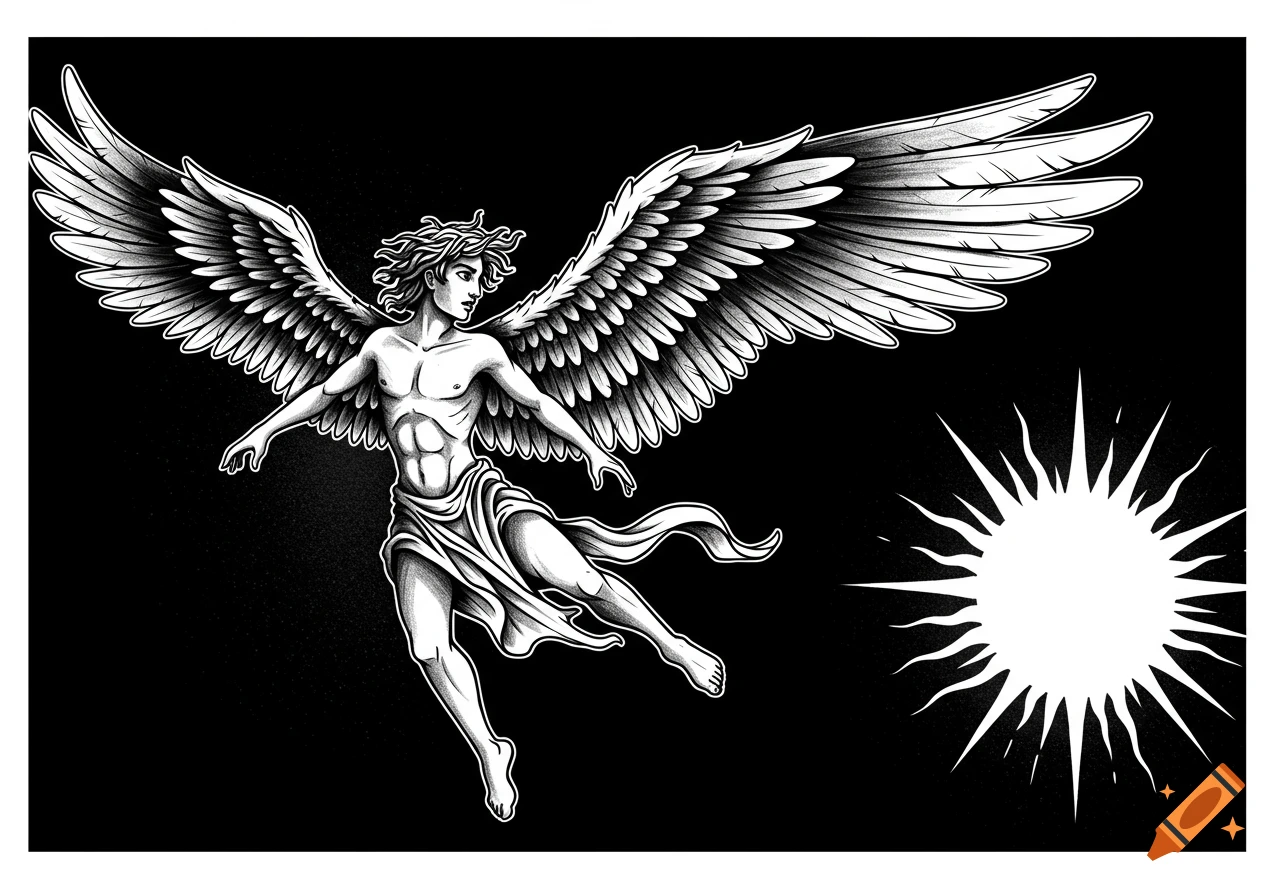 Black and white tattoo style illustration of Icarus with large wings flying towards a spiky sun against a black background.