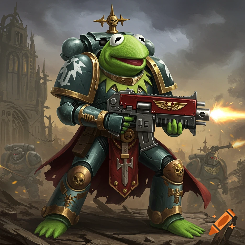Kermit the Frog as a grimdark Space Marine in green power armor, firing a bolter rifle on a ruined battlefield.