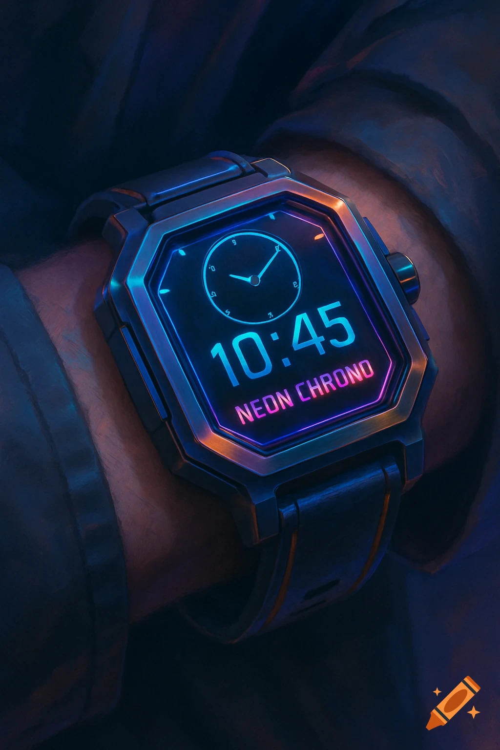 A close-up of a futuristic watch with a glowing neon blue and pink display showing '10:45' and 'NEON CHRONO' on a person's wrist.