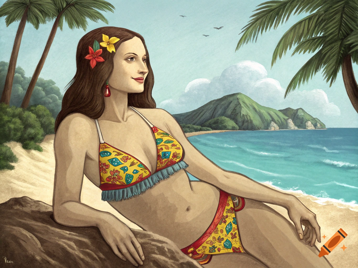 Illustration of a woman in a yellow patterned bikini lounging on a tropical beach with palm trees and an ocean in the background.