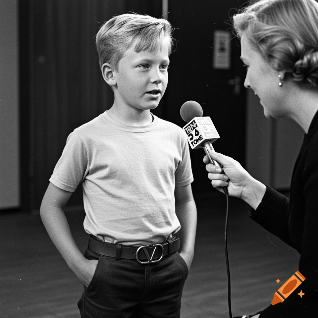 A black and white 1960s photo of a young boy with blonde hair being interviewed by a woman holding a microphone.