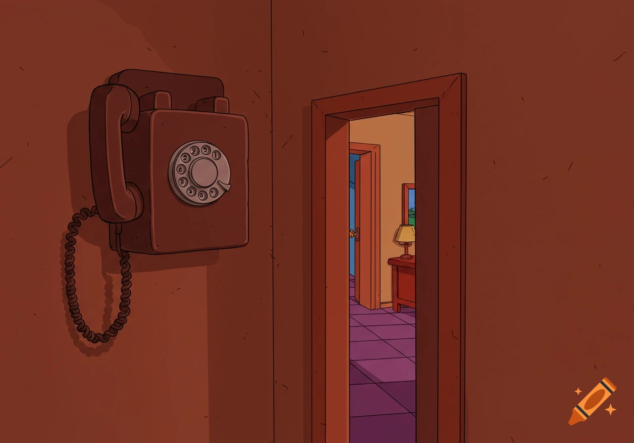 A cartoon, Simpsons-style image of a red wall-mounted rotary phone next to an open doorway leading to a colorful tiled corridor.
