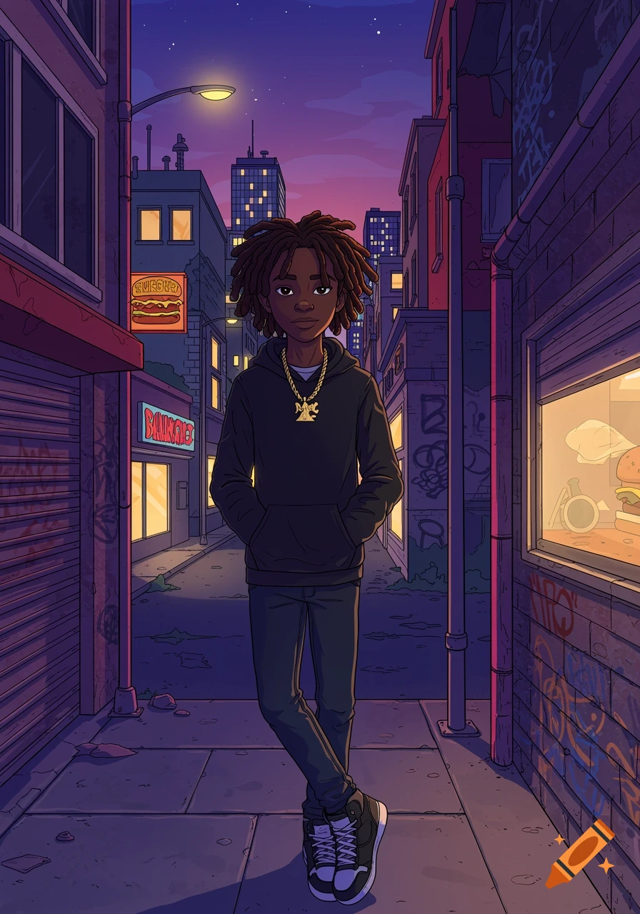 A cartoon boy with dreadlocks and a gold chain stands confidently in a city alley at dusk, with glowing signs and buildings in the background.