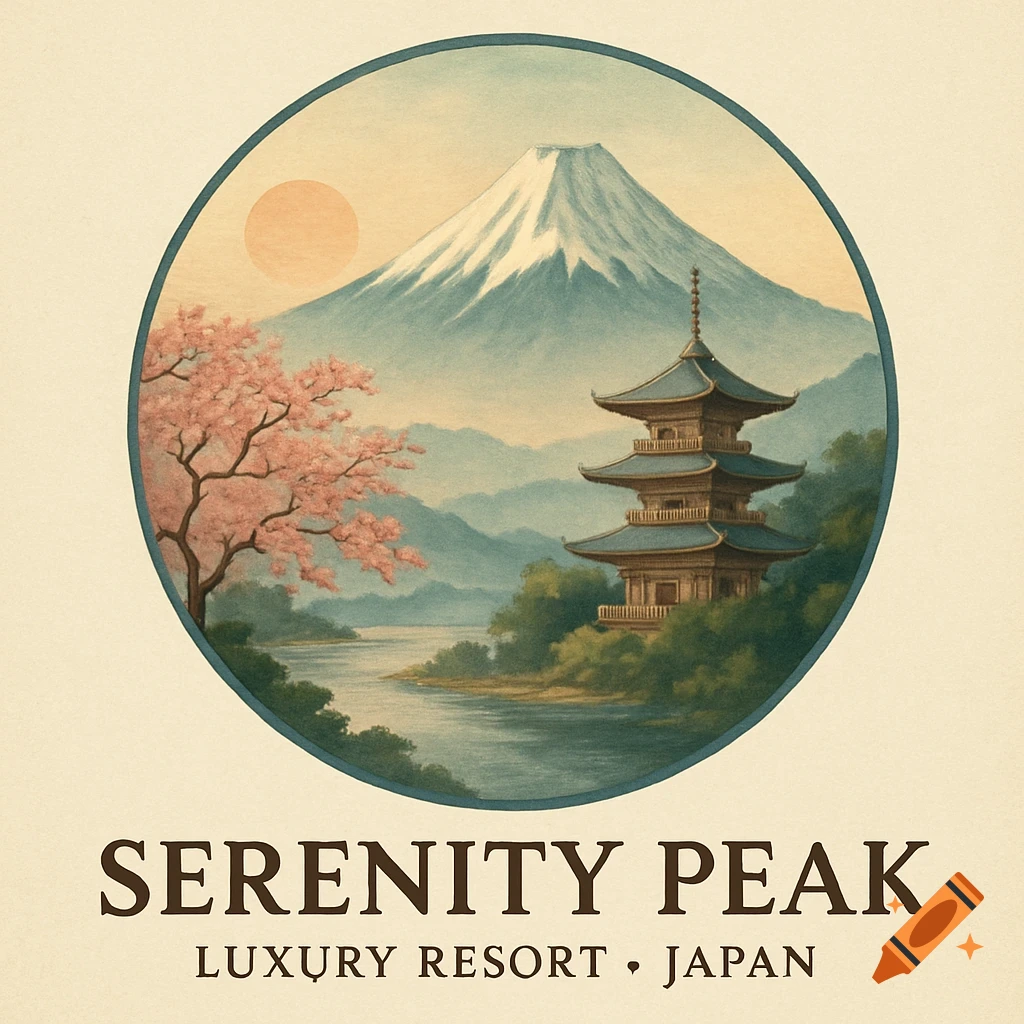 Stylized logo of Mount Fuji, a pagoda, and cherry blossoms by a river, with 'SERENITY PEAK LUXURY RESORT JAPAN' below.