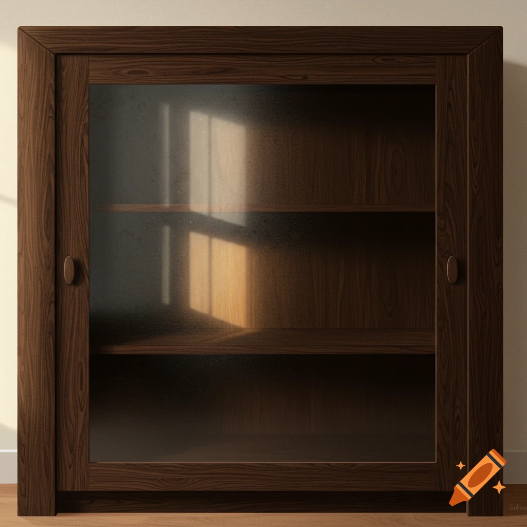 A photorealistic image of a dark wood cabinet with glass doors, illuminated by sunlight casting shadows on the shelves.