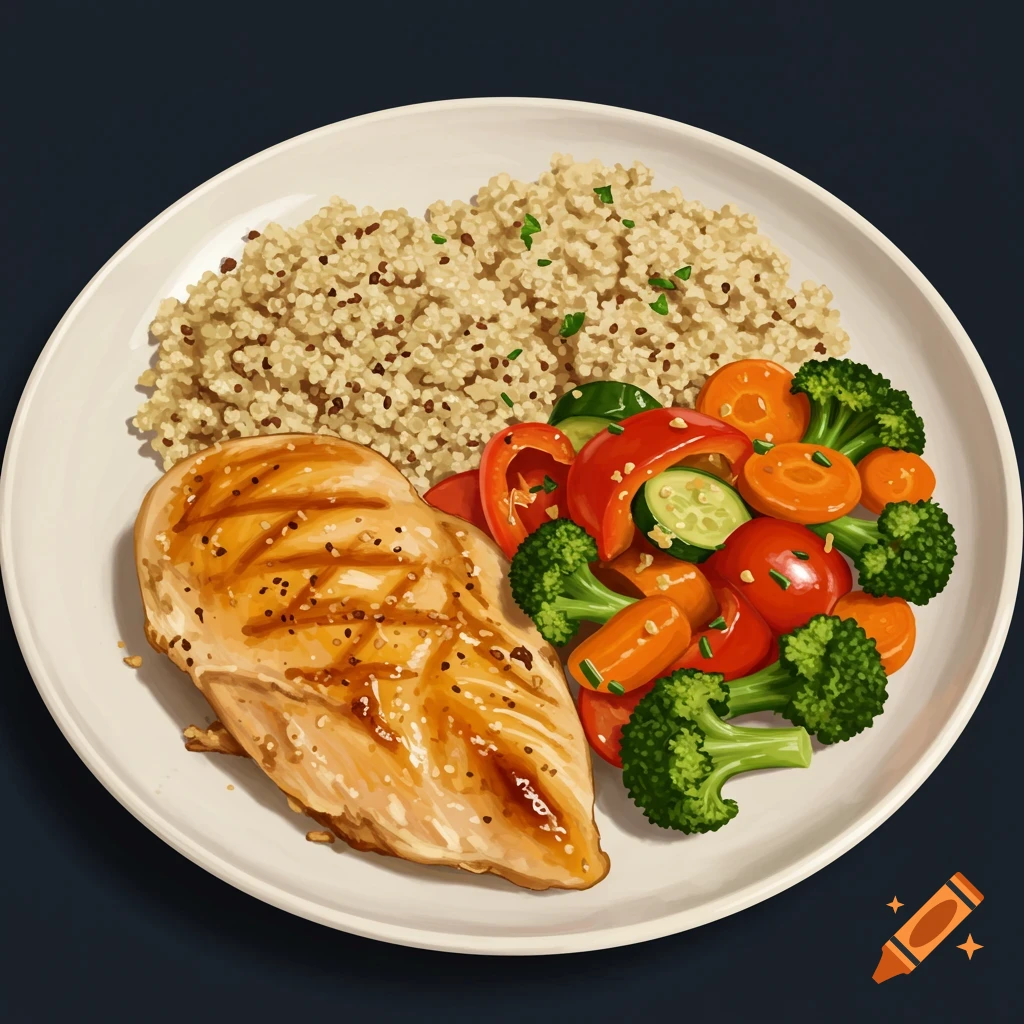 A digital illustration of a plate of grilled chicken breast with quinoa and mixed vegetables.