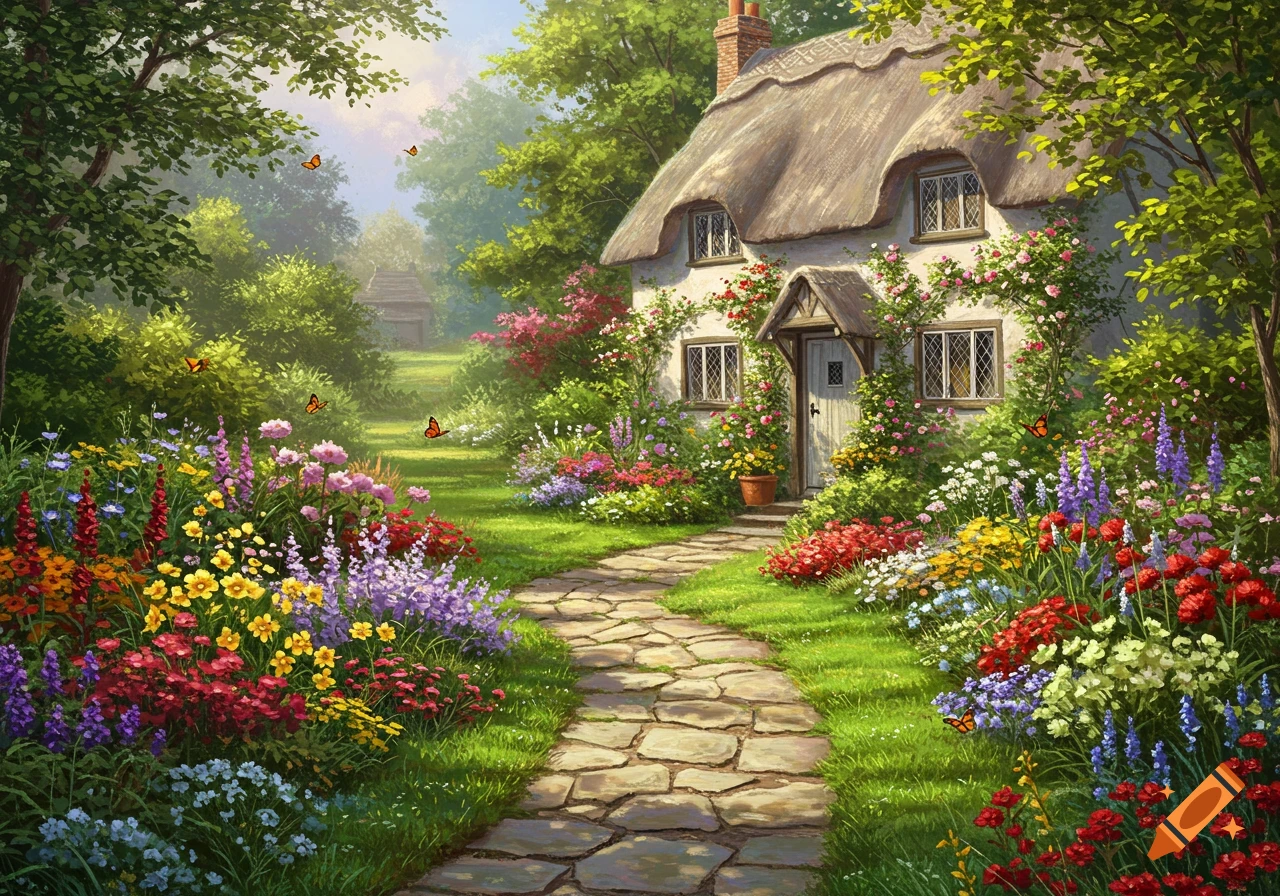 A vibrant cottage garden with a stone path leading to a quaint thatched-roof house, surrounded by colorful flowers and lush greenery.