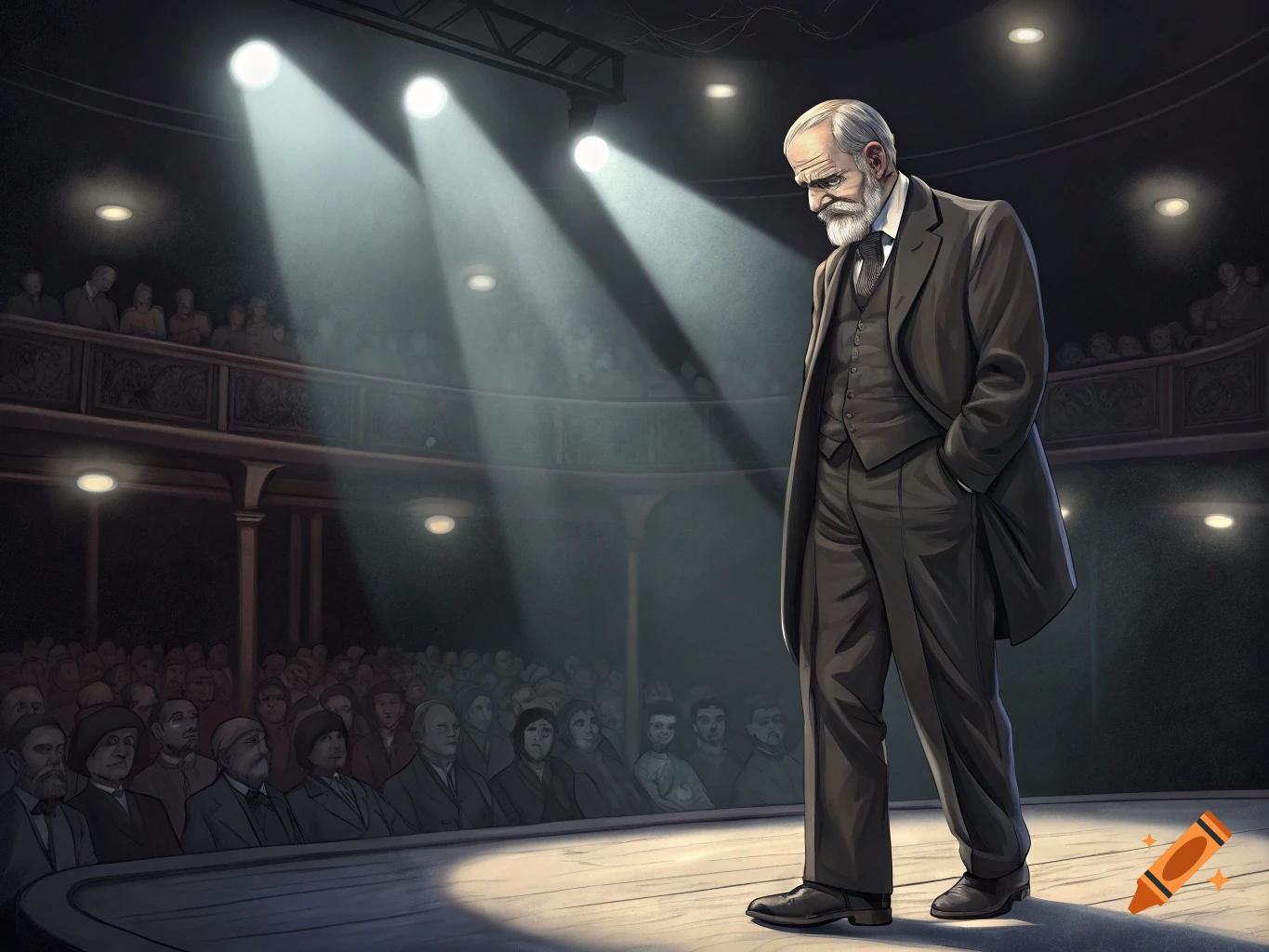 An illustration of Sigmund Freud, a man with a white beard and dark suit, bowing on a spotlighted stage to a theater audience.