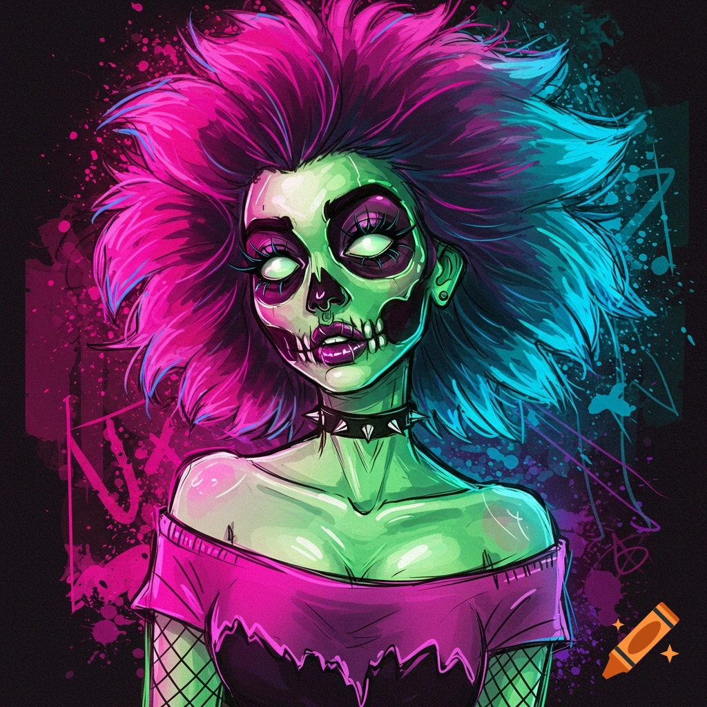A vibrant neon ghoul girl illustration in a 90s cartoon style, featuring pink and blue hair, a skull-like green face, and a spiked choker.