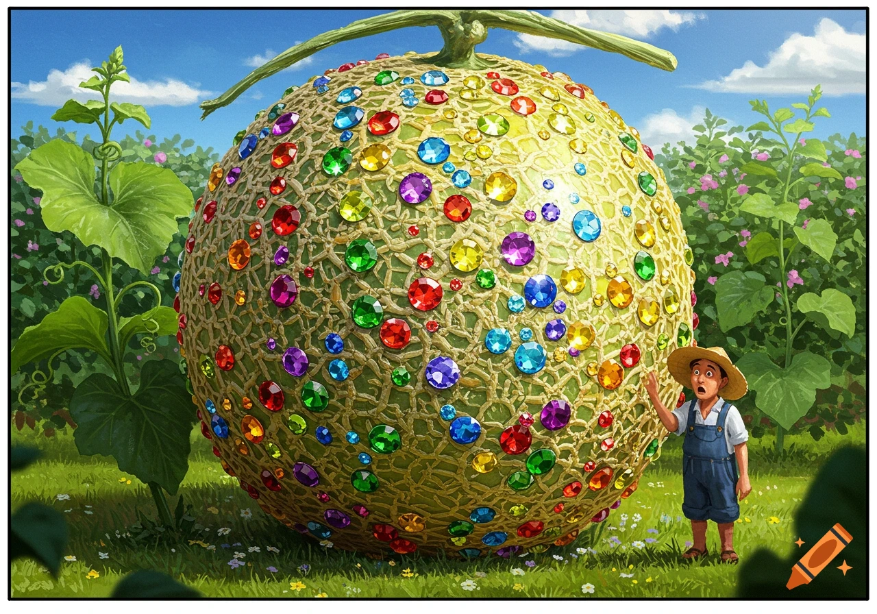 A shocked farmer stands next to a giant melon covered in sparkling rainbow jewels in a lush garden.
