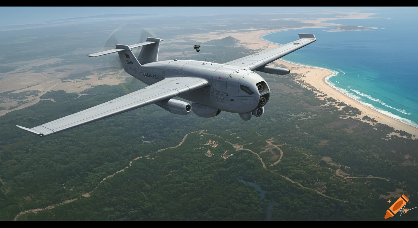 An aerial view of a gray drone flying over a lush green forest, with a sandy beach and blue ocean in the background.