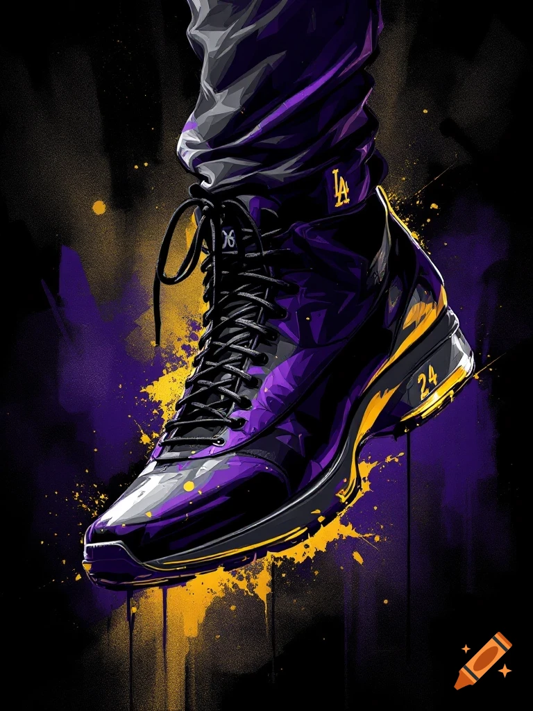 A stylized high-top shoe in purple, black, and gold with paint splatters, featuring an LA logo and the number 24 on the side.
