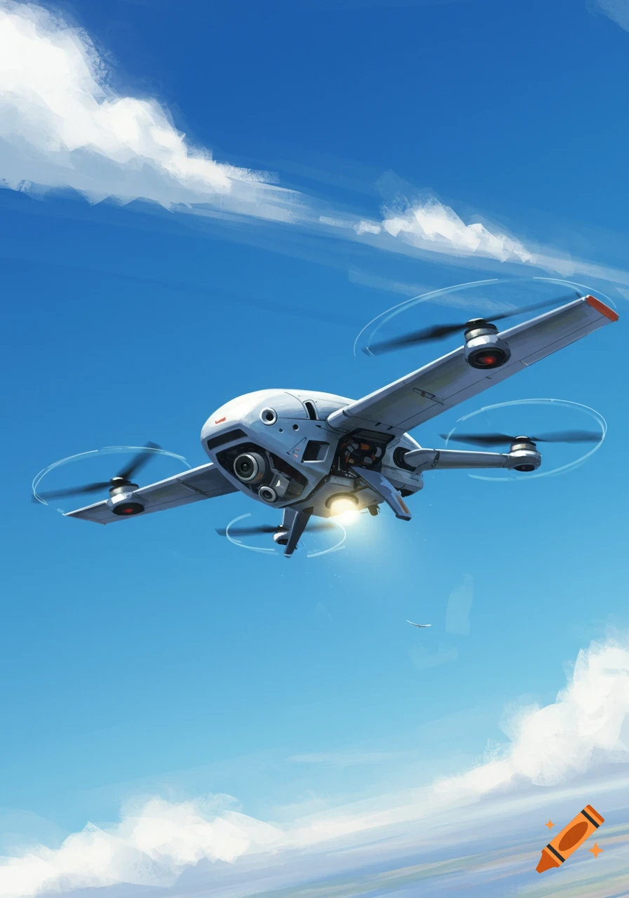 A white drone with four propellers flies in a clear blue sky with white clouds.